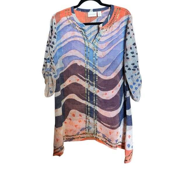 Chicos Tunic Top Medium 1 Multicolor Embellished Mixed Print Art To Wear Blouse - Picture 1 of 9